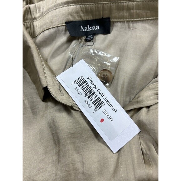 NWT Aakaa Vintage Gold Jumpsuit Khaki Shimmer Size Medium Satin Drawstring Waist - Picture 2 of 12